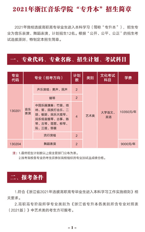 2021年浙江音乐学院“专升本”招生简章(图1)